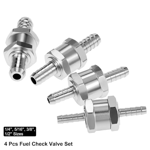 QWORK Aluminum Alloy Fuel Line Check Valves 1/4 5/16 3/8 1/2 Inch, 4 Pack One Way Non Return Valves for Gasoline Diesel Oil Water with High Pressure Resistance and Easy Installation Silver