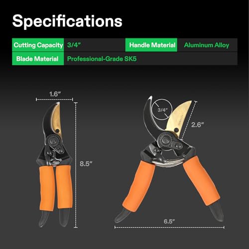 VIVOSUN 8.5" Bypass Pruning Shears for Gardening, Heavy-Duty Garden Scissors, Ultra Sharp Pruners with 3/4 in. Cut Capacity SK5 Blades, Thick Cushion-Covered Handle and Safety Lock - style: Soft Grip Pruner