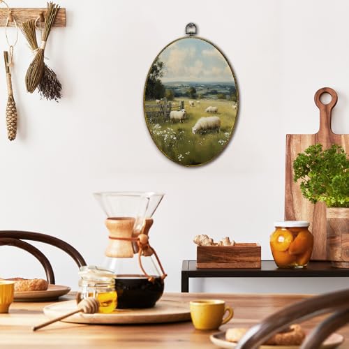 XFCICRLJ Vintage Farmhouse Sheep Wall Art Decor, Rustic Landscape Oval Canvas Prints Framed, Cottagecore Country Farm Animals Wall Art Decorations for Home Bedroom Living Room Decor, 11x8.5 Inch - color: Sheep03