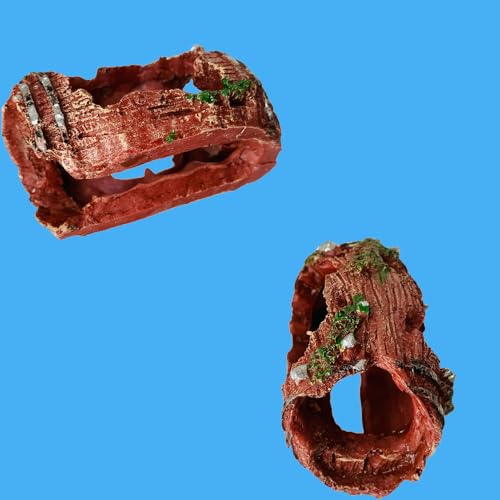 2 PCS Aquarium Resin Fish Tank Decorations Broken Barrel Shipwreck Theme Landscaping Hideouts Accessories Caves Hide Hut Fish/Small Turtles Tank Ornaments with 2pcs Artificial Aquatic Plants (Red)