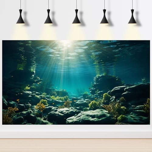 Aquarium Background Underwater Aquatic Plants Rocks Fish Terrarium Backdrop Sunlight Rays Coral Fish Tank Background Cave Style Landscape Sea Grass Tank Wallpaper Poster Vinyl 24x12in - color: Rock Dark Blue, size: 24(W)x12(H)inches/ 60(W)*30cm(H)