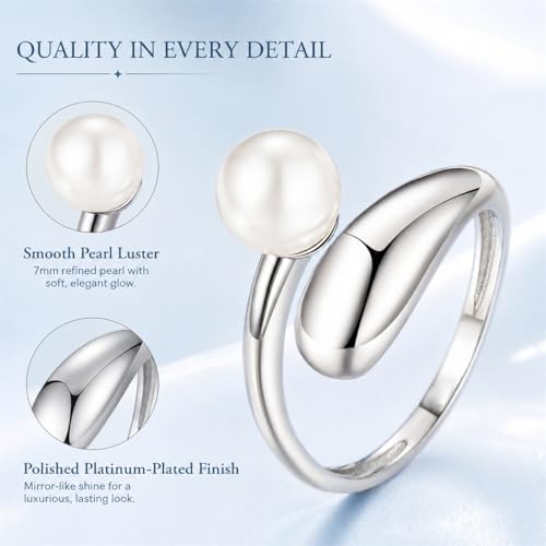 Chunky Rings for Women Statement Adjustable Pearl Ring Turquoise Spoon Ring Sunflower Dainty Open Ring Non Tarnish Unique Jewelry Gift - color: Silver Pearl