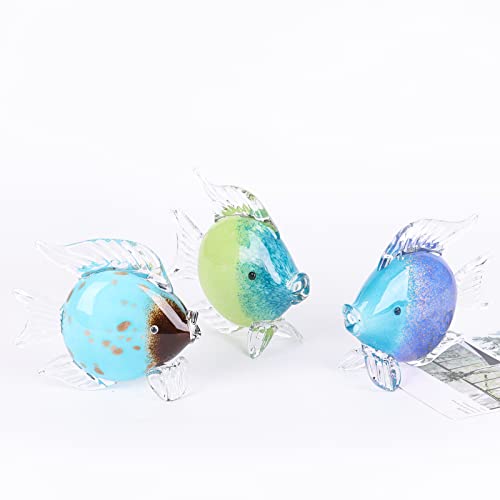 Large Glass Fish Figurines Hand Blown Glass Fish Statue and Sculpture Home Decor, Murano Animal Tropical Sea Glass Paperweights for Desk, Glass Aquarium Coastal Beach Decorative (Light Blue)