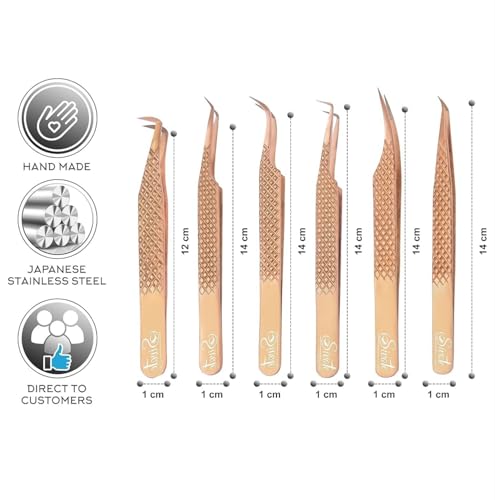Eyelash Extension Tweezers Fiber Tips, Set of 6, Curved, Dolphin, 90 Degree 45 Degree, Volume Boot & Slight Curved Tweezer, Rose Gold