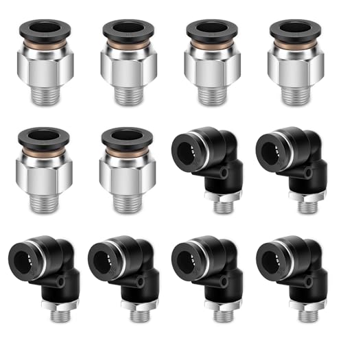 12 Pcs Push to Connect Fittings 3/8 Inch Tube OD x 1/8 Inch NPT Thread Pneumatic Male Straight and Elbow Quick Connect Air line fittings - size: 3/8"OD x 1/8"NPT