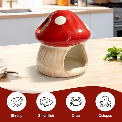 Betta Fish Tank Accessories, 4.33'' × 4.33'' Ceramic Mushroom House Aquarium Decor - Cute Red Hideout Cave Ornament for Small Fish, Shrimp, Goldfish, Hamsters & Reptiles (Red) - color: Red