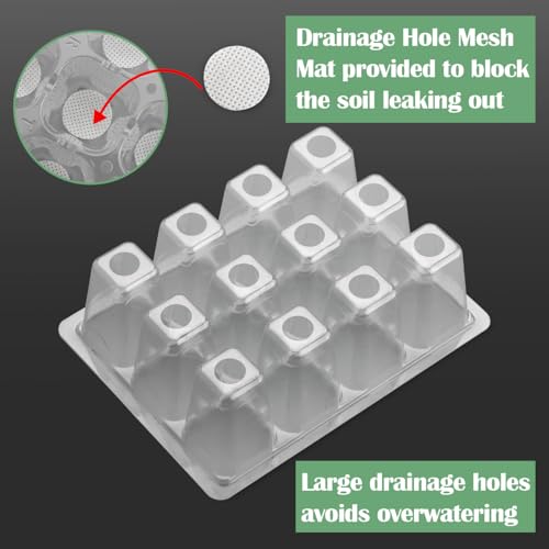 RooTrimmer 60 Pack Reusable 12-Cell Clear Seed Starter Trays - Extra Large Drainage Holes, Easy to Repotted, Clear Transparent Tray for Root Observation, Seed Starting, Fits Standard 1020 Trays - color: Clear, size: 12 Cells-60P