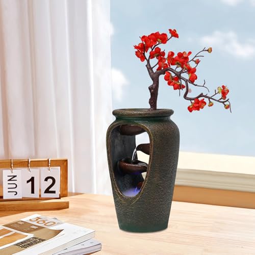 Indoor Waterfall Fountain, Plum Blossom Vase Style Bonsai Tabletop Decor with Humidifier and Multi-Color LED, for Dining Room, Living Room, Bedroom, Cafe, Office - size: G