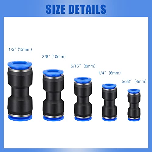 Konohan 100 Pcs Quick Connect Air Hose Fittings 1/8", 1/4", 5/16", 3/8", 1/2" Straight Push Metric Connectors Quick Release Plastic Pneumatic Air Line Fittings for Tube, Truck, Automotive, 2 Way - size: 4/6/8/10/12 mm