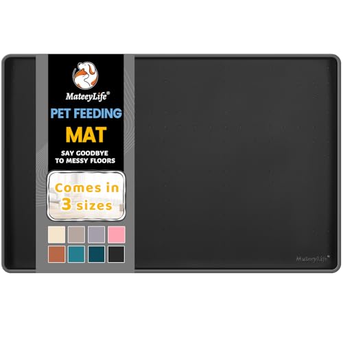 MateeyLife Silicone Cat & Dog Food Mat for Floors Waterproof, Anti-Slip Dog Bowl Mats for Food and Water, Pet Feeding Mats with Lip to Prevent Spills, Pet Placemat for Messy Drinkers to Protect Floors - color: Black, size: 22''×14''