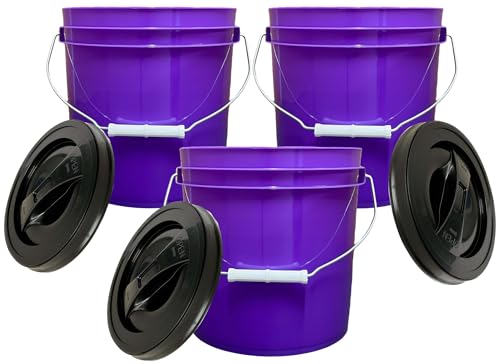 House Naturals 2 Gallon Purple Food Grade BPA Free Made in USA Bucket with Screw On Lid - Pack of 3 (Black lids) - color: Black Lids