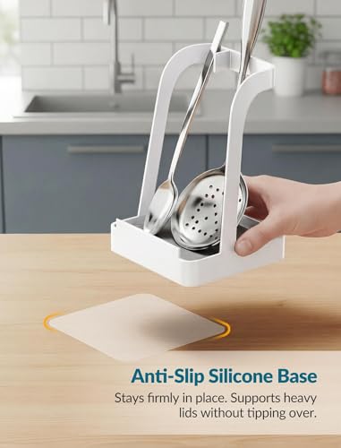 NiHome White Pot Lid Holder with Light Gray Diatomite Tray, Non-Slip Silicone Pad, Powder-Coated Iron Stand for Lids, Utensils & Cutting Boards, Compact 3.9" × 3.9" × 6" Kitchen Organizer (White) - color: Medium White, size: with diatomite