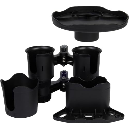 (Black), Patented Clamp On Boat Cup Holder |Multifunction Dual Drink Caddy for Fishing Poles, Tools, Net, Gaff |Portable Storage for Boating, Beach, Umbrellas, Golf Carts, Strollers