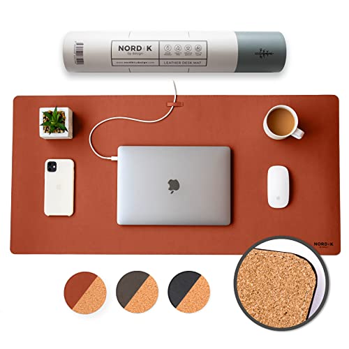 Nordik Cork Leather Desk Mat Cable Organizer - Saddle Brown 35 X 17 inch - Premium Extended Mouse Mat for Home Office Accessories - Non-Slip Vegan Leather Desk Pad Protector & Desk Blotter Pad - color: Cork Saddle Brown