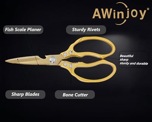 AWinjoy Japanese Gold Kitchen Scissors, Heavy Duty Stainless Steel, Multipurpose Cooking Shears, Dishwasher Safe - color: All Gold