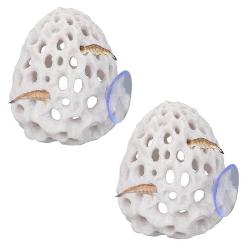 Penitue 2pcs Shrimp Hides for Aquarium, Multi-Hole Shrimp Dome Hide House with Suction Cup Coral Design Betta Fish Toys Fish Tank Accessories for Guppy and More Hiding Resting (White)