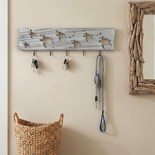 Driftwood Wall Art & DIY Key Holder – Handmade Coastal Home Decor – 17.5" Genuine Weathered Wood Plank with 5 Removable Hooks for Keys, Leashes, and Jewelry – Nautical Beach House Wall Hanging (Turtle March) - style: Turtle March