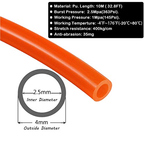 Beduan 4mm x 2.5mm Orange Pneumatic Tubing Pipe PU Polyurethane Air Compressor Tubing Hose Pipe Line Fluid Transfer 32.8ft 10 Meter - color: Orange, size: 4mmx2.5mm-10m