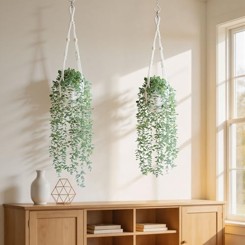 DREAMLOOM 2 Packs Fake Hanging Plants with Pots, Artificial Eucalyptus Hanging Plants with Macrame Hanger for Indoor Decor, Fake Hanging Vines Faux Greenery for Home Kitchen Office - color: Eucalyptus