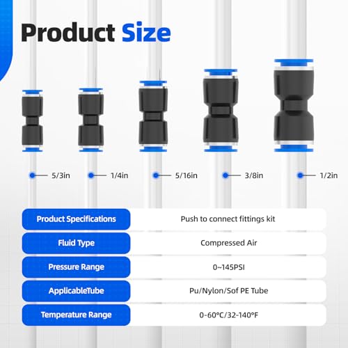 50PCS Quick Connect Air Hose Fittings 5/32 1/4 5/16 3/8 1/2 inch Straight Push to Connect Fittings Kit Quick Release Pneumatic Connectors Air Line Fittings for 5/32 1/4 5/16 3/8 1/2 inch Tube - size: 1/4"-5/16"-5/32"-3/8-/1/2"OD(50pcs)