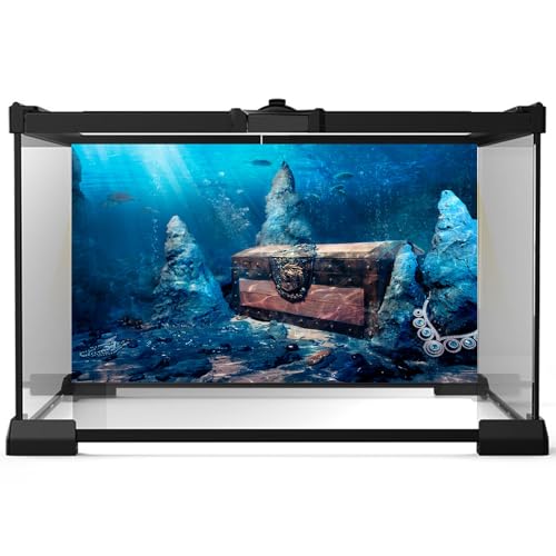 Aquarium Background Underwater Aquarium Backdrop Treasure Chest with Bright Gold Treasure Box Adventurous Water Wealth Pirate Fish Tank Background Decor Vinyl 24x12in - color: Ice Blue, size: 24(W)x12(H)inches/ 60(W)*30cm(H)