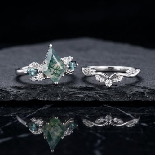 Natural Moss Agate Engagement Ring Set for Women, Unique Genuine Moss Agate Ring, 925 Sterling Silver 10K 14K 18K Solid Gold Nature Inspired Bridal Set, Boho Wedding Jewelry Gift - color: One