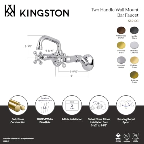 Kingston Brass KS212AB Kingston Two-Handle 2-Hole Wall Mount Bar Faucet in Antique Brass - color: Antique Brass