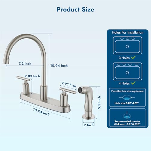 Kitchen Faucet, High Arc 360° Swivel Spout, 2-Handle 8 Inch Centerset Kitchen Sink Faucet with Side Sprayer, 3 or 4 Hole Kitchen Faucet for RV, Utility & Laundry Sink, Brushed Nickel - color: Brushed Nickel