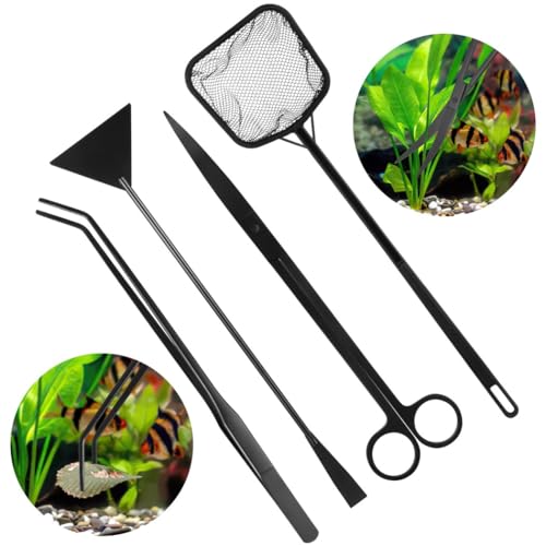 Aquascaping Tool Set for Aquarium Care, Includes Curved Scissors, Tweezers, Spatula & Fish Net, Perfect for Small Aquariums and Plant Maintenance