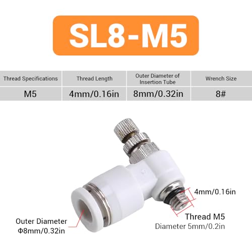 10Pcs Push to Connect Air Flow Control Valve, White 5/16in Tube OD x M5 Male Thread 90 Degree Elbow Speed Control Valve Pneumatic Connector Quick Fittings - size: Male Thread M5 x White_Standard (10pcs)