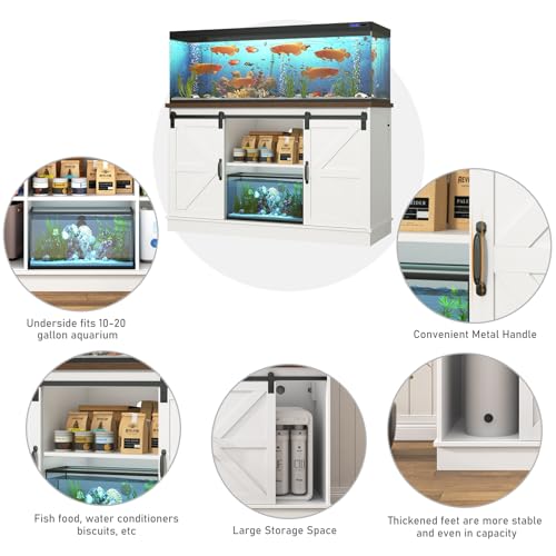 Hlivelood Farmhouse 55-75 Gallon Fish Tank Stand with Power Outlet, Aquarium Stand w/Cabinet&Sliding Barn Door, Heavy Duty Reptile Tank Stand for Fish/Turtle/Reptile Terrarium, 1000LB Capacity, White - color: White, size: 55-75 Gallon