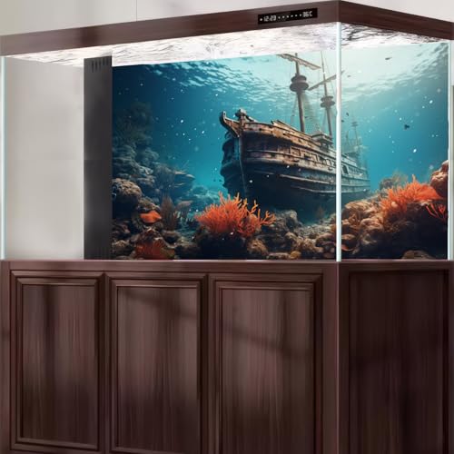 Underwater Seascape Aquarium Background Vibrant Undersea Reefs Corals Sunken Pirate Ship Fish Tank Background Under The Sea Rusty Debris Retro Ship Terrarium Backgrounds Ocean Tank Backgrounds 24x12in - color: Blue_Brown, size: 24(W)x12(H)in