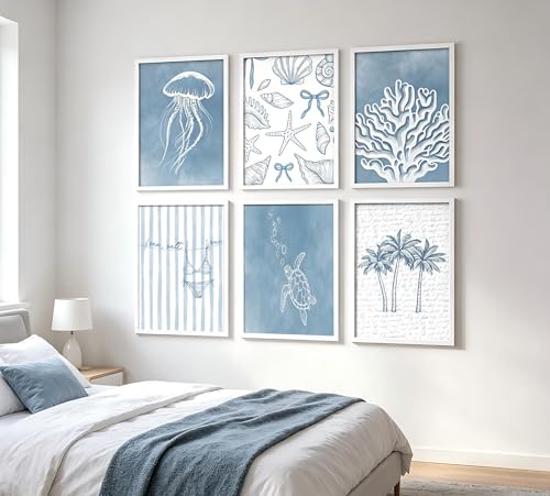 Tropical Ocean Life Wall Art Set of 6, Watercolor Blue Coastal Canvas Prints with Jellyfish、Turtle、Coral, Unframed Marine Theme Wall Decor Posters for Bathroom Kid’s Room Home Decoration 8x10inch - color: Tropical Ocean Life, size: 8x10in