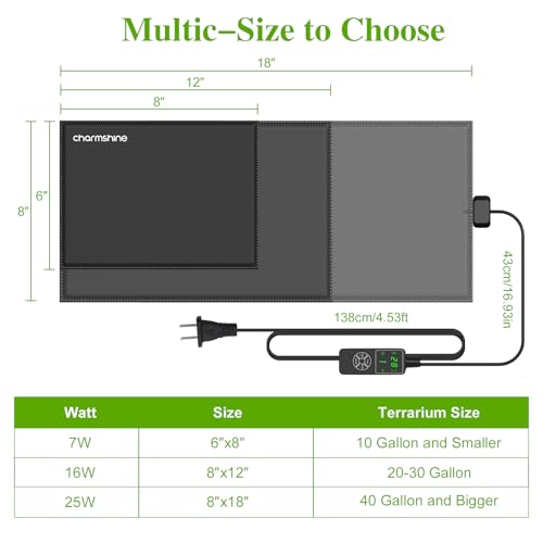 8 by 12-inch 16W Reptile Heating Pad Graphene with Temperature Control Reptile Tank Heat Pad Terrarium Under Tank Heater Mat for Snake Lizard Hermit Crab Reptiles Turtle Thermostat - size: 8"x12" 16W