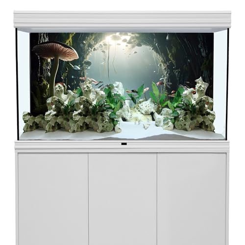AWERT 48x24 inches Aquarium Background Foggy Stone Mushroom Moss Terrarium Background Polyester Green Plants Cave Fish Tank Background - size: 48x24in/120x60cm