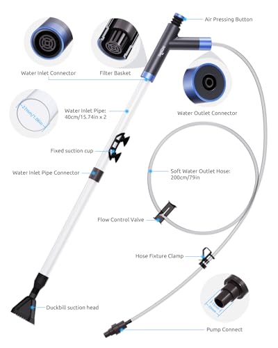 SEAOURA Aquarium Siphon Pump Gravel Cleaner, Fish Tank Vacuum Gravels Cleaning Kit, Manual Water Changer with Air Push Button, Aquariums Sand Clean Set, Hose for Suck Manure Wash Sand - color: Silver gray + Navy blue