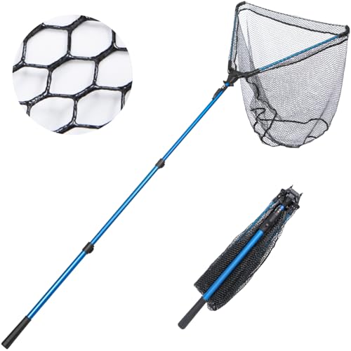 Retractable Extra Long Landing Net - 81" Large Fishing Net with Telescoping Handle, Rubber Coated Polyethylene Netting - Easy Folding