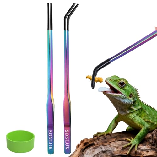 3 PACK Stainless Steel Reptile Feeding Tongs,10.62" Straight &Curved Long Feeding Tweezers&Bowl Set,Non Slip Feeding Tools with Rubber Tip,Bearded Dragon Tank Accessories (A-colorful) - color: A-colorful
