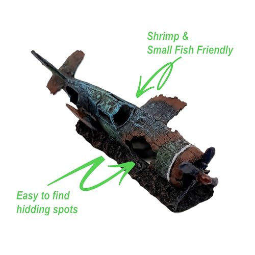 CTWPets Crashed Plane Shrimp Shelter, 9 Inch Aquarium Decor, Resin Plane Wreck Cave Hideout for Shrimp, Betta, Snails & Nano Fish