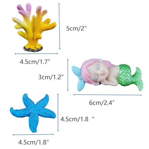 Ocean Theme Aquarium Decor 4-Piece Set: White Ceramic Shell Cave Hideout for Betta, Cichlid, Shrimp, Turtle + Sleeping Mermaid Figurine + Resin Coral & Starfish – Fish Tank Ornament
