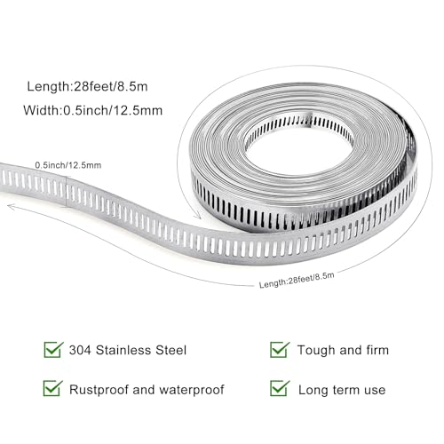 Hose Clamps, DIY 28 FT Metal Strap + 12 Fasteners, Hose Clamps Stainless Steel, Large Adjustable Hose Clamp Pipe Clamp for Pipe Automotive Mechanical Applications - size: 28 FT Metal Strap + 12 Fasteners