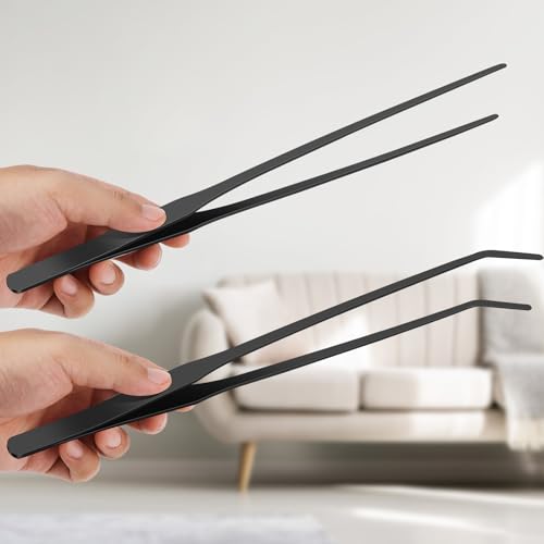 2pc-10.6"Aquarium Tweezers,Stainless Steel Straight and Curved Tweezers Set,Long Handle Reptile Feeding Tongs for Lizards, Bearded Dragon Snake Tank Accessories (Black) - color: Black