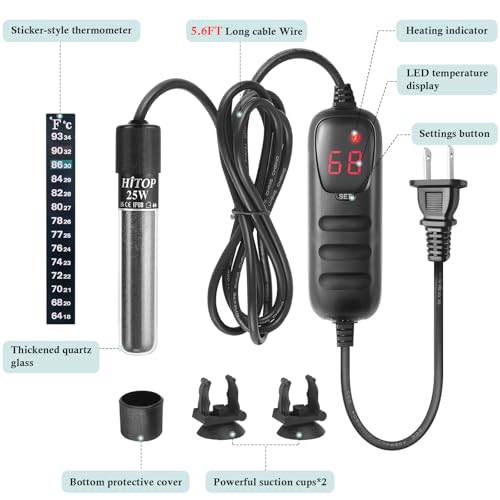 HITOP Compact Submersible Aquarium Heater -25W Digital Heater for Fish Tank Turtle Tank, for Saltwater and Fresh Water with Temperature Controller - size: (1-6 Gal)25W