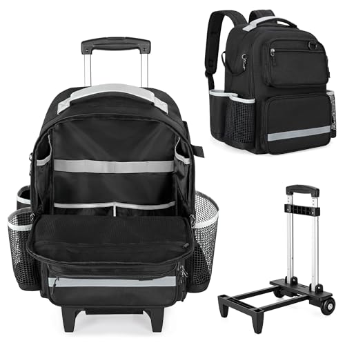 HODRANT Large Rolling Cleaning Backpack with Detachable Trolley & Waterproof Bottom, Cleaning Supplies Bag with Handle & Support Plate, Cleaner Caddy Organizer for Car Wash & Housekeeping Tool Storage
