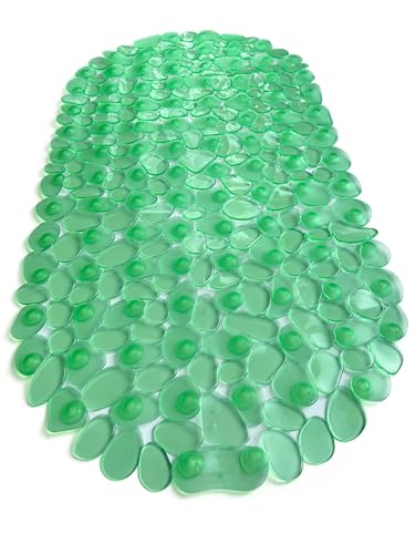 “Pebbles” Non-Slip Bathtub & Shower Mat 27”x14” Oval - Non-Toxic - Safe, Clean, Machine-Washable, Superior Grip & Drainage, Vinyl, for Smooth Floors ONLY, Transparent Light Green - color: Transparent Light Green, size: 27" x 14" (Oval)