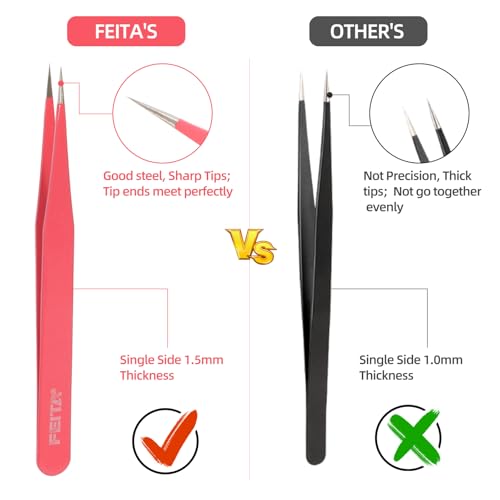 FEITA Pink Precision Craft Tweezers Set, Upgraded Stainless Steel Pointy, Curved, Falt Twizers for Crafting, Bead, Sticker, Jewelry-Making, Hobby Tools