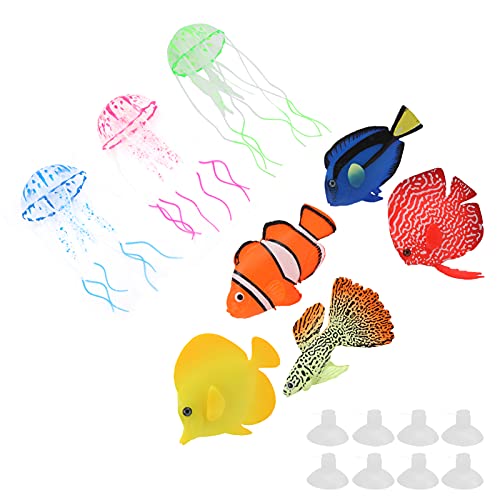 Artificial Glowing Fish Set, Fake Aquarium Decorations with Luminous Jellyfish, Silicone Floating Fish Tank Decor for Freshwater and Saltwater Tanks, Includes Suction Cups and Tran