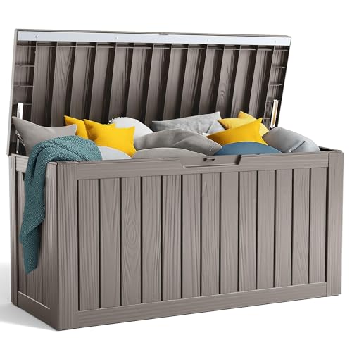 PatioZen 90 Gallon Resin Deck Box, Lockable Patio Outdoor Storage Box for Furniture, Garden Tools and Tools Storage, Waterproof Outside Storage Boxes - Grey - color: Grey, size: 90 Gallon