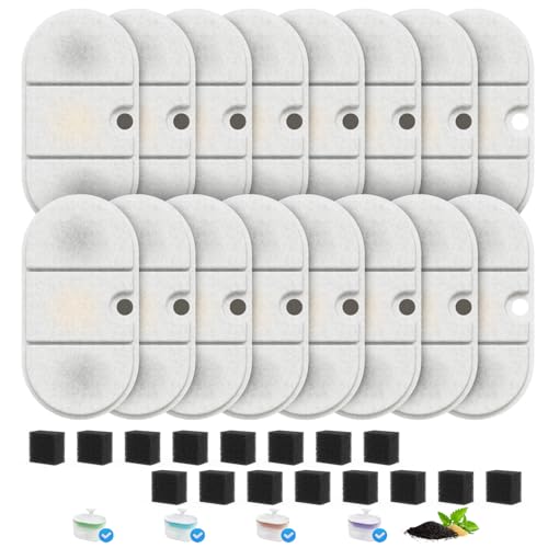 16 Pack Cat Water Fountain Filter Replacement for PLWF002 71oz/2.1L Capsule Pet Water Fountain with 8 Pre-Filter Sponges, Pet Fountain Filter Replacement with Four Filtration System, BPA-Free - size: 16 Filters+16 Sponges