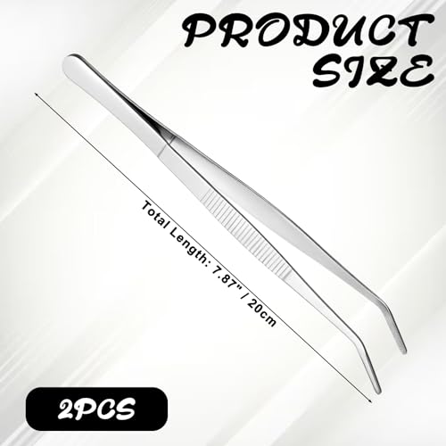 2 PCS 8 Inch Stainless Steel Tweezers with Curved Serrated Tip Kitchen Long Tweezers Set Heavy Duty Sewing Machine Tweezer Long Aquarium Tweezer Reptile Feeding Tongs for Cooking Crafting Repairing